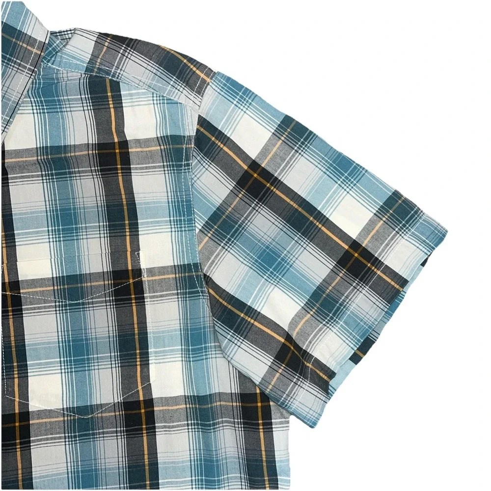 The North Face Mens Large Short Sleeve Plaid Button Down Shirt Blue Gray Outdoor